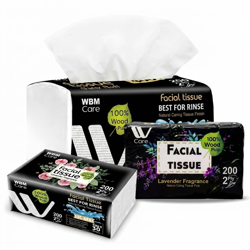 WBM Care Facial Tissue boxes featuring 100% wood pulp, 200 sheets, 2-ply, available in Lavender fragrance with black packaging.