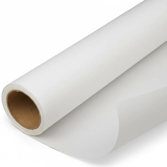 Tracing Paper Large Roll - white transparent paper roll with cardboard tube core, partially unrolled showing paper quality