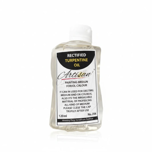 Artisan Rectified Turpentine Oil 120ml bottle with white cap, clear liquid, black and white label, professional painting medium