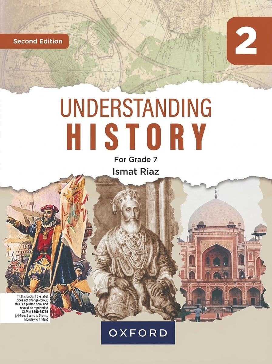 Understanding History Grade 7 Book 2 Second Edition by Ismat Riaz, Oxford publisher, featuring historical illustrations and architecture.