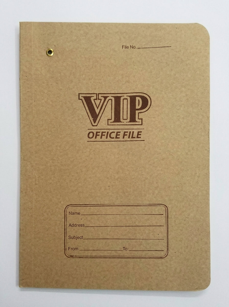 VIP Office File tan kraft cardboard folder with brass grommet, rounded corners, and information label fields on front cover.