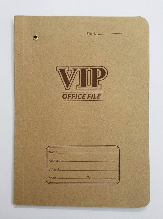 VIP Office File tan kraft cardboard folder with brass grommet, rounded corners, and information label fields on front cover.
