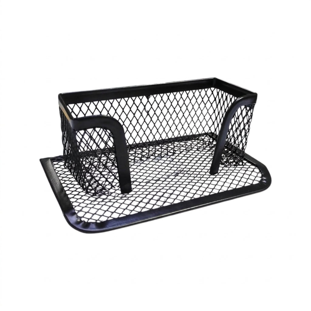 Black mesh visiting card stand with lattice pattern, dual handles, rectangular base, and open storage compartment for cards