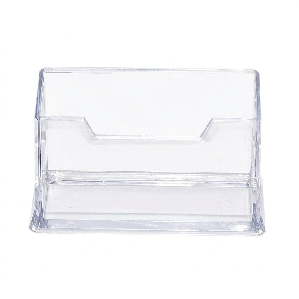 Clear plastic visiting card stand with slanted card slot and sturdy base, front-facing view on white background