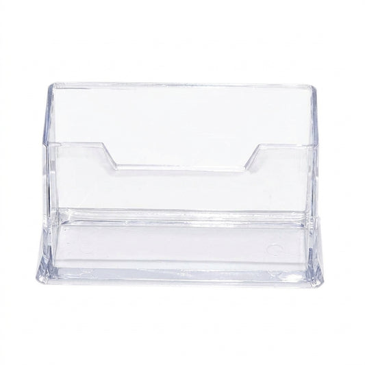 Clear plastic visiting card stand with slanted card slot and sturdy base, front-facing view on white background