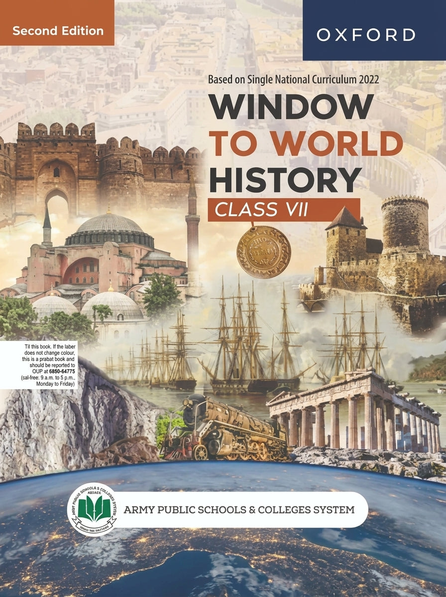 Window to World History Class 7 Second Edition textbook cover with historical images including fortress, mosque, ships, and ancient ruins.