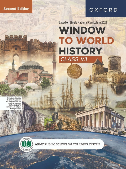 Window to World History Class 7 Second Edition textbook cover with historical images including fortress, mosque, ships, and ancient ruins.