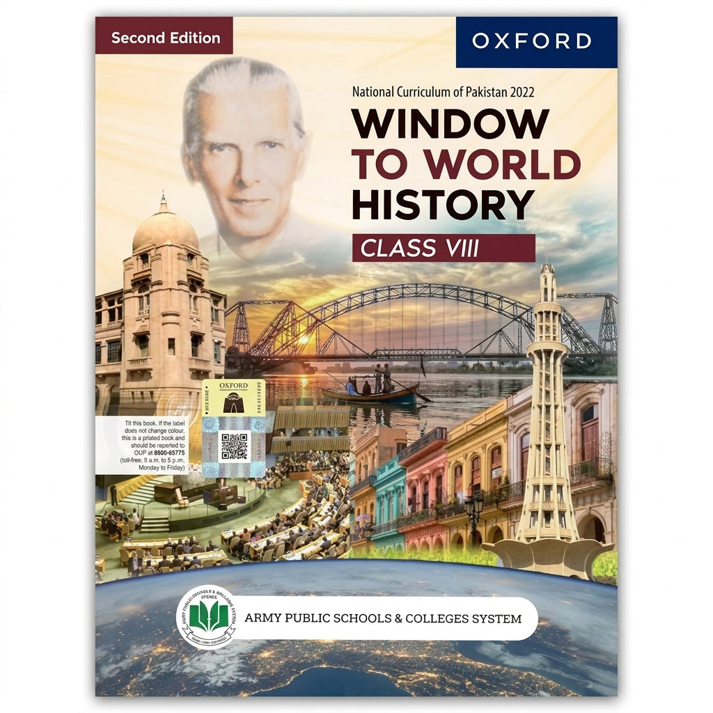 Window to World History Class VIII Second Edition textbook by Oxford with historical landmarks and architectural imagery on cover