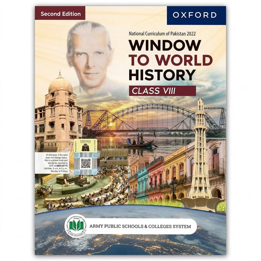 Window to World History Class VIII Second Edition textbook by Oxford with historical landmarks and architectural imagery on cover