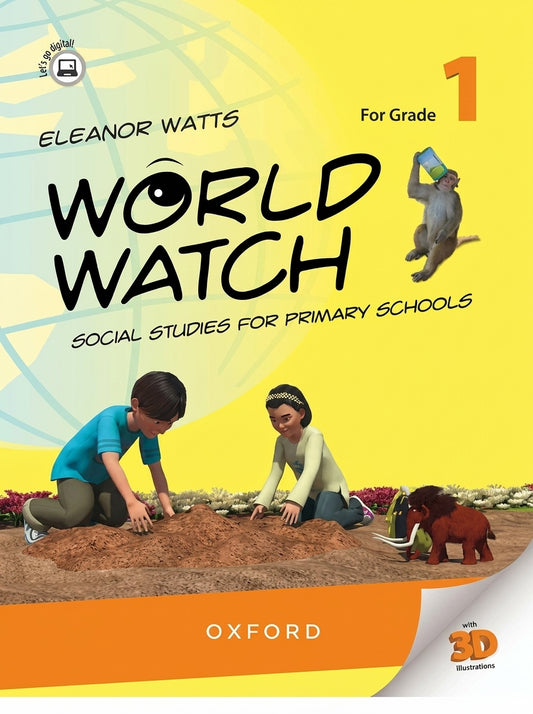 World Watch Social Studies Grade 1 book cover by Eleanor Watts, Oxford publisher, featuring children exploring nature with 3D illustrations and digital content badge.