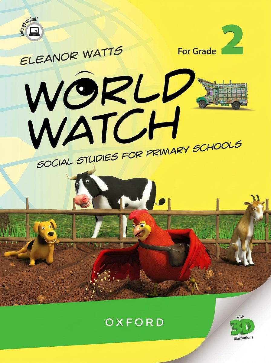 World Watch Grade 2 Social Studies textbook by Eleanor Watts and Oxford, yellow cover with 3D farm animals and harvest truck illustration
