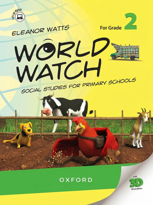 World Watch Grade 2 Social Studies textbook by Eleanor Watts featuring colorful farm animals and 3D illustrations with Oxford publisher branding.