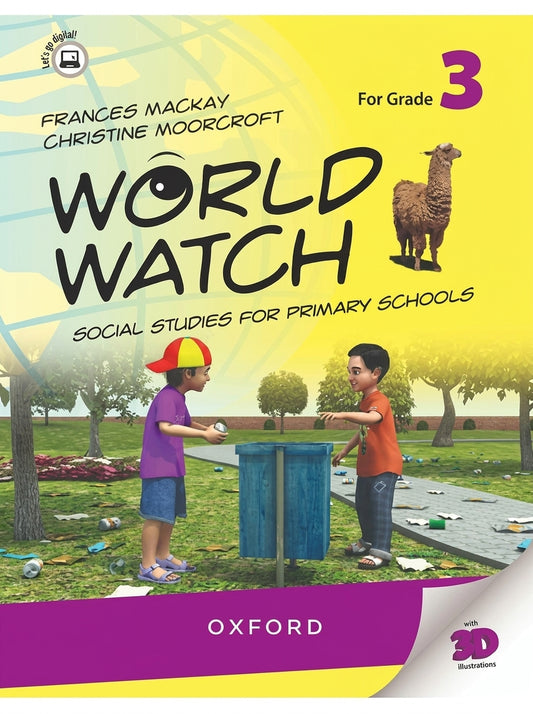 World Watch Grade 3 Social Studies textbook cover with llama illustration and children playing in park scene