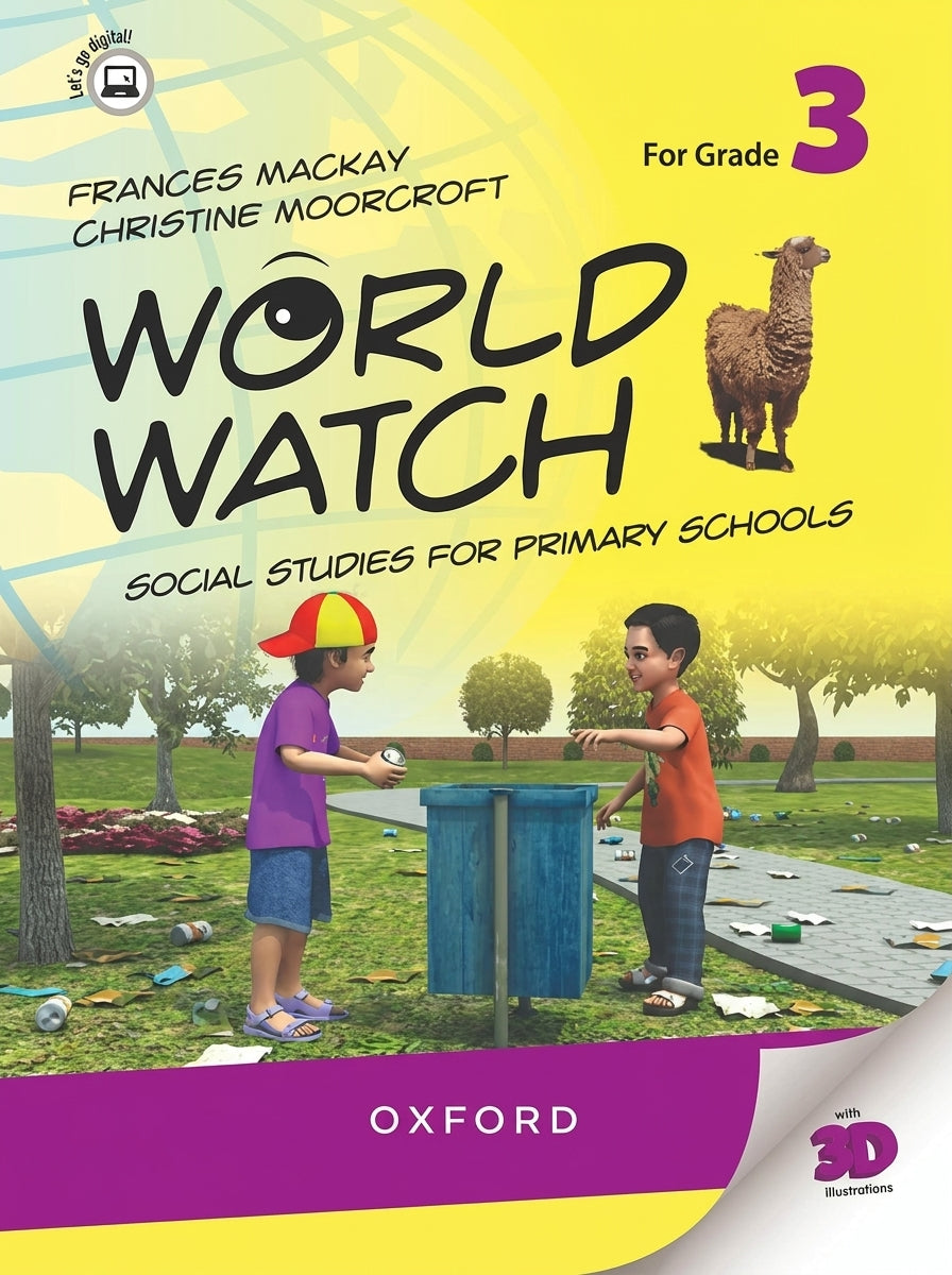 World Watch Grade 3 Social Studies textbook with llama image and two children playing, bright yellow cover by Oxford
