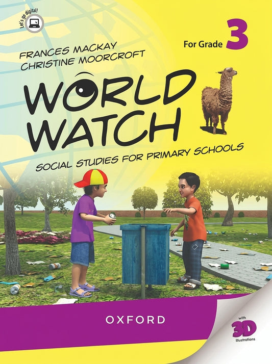 World Watch Grade 3 Social Studies textbook with llama image and two children playing, bright yellow cover by Oxford