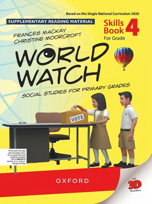 World Watch Skills Book 4 Grade with 3D illustrations, showing students voting, published by Oxford