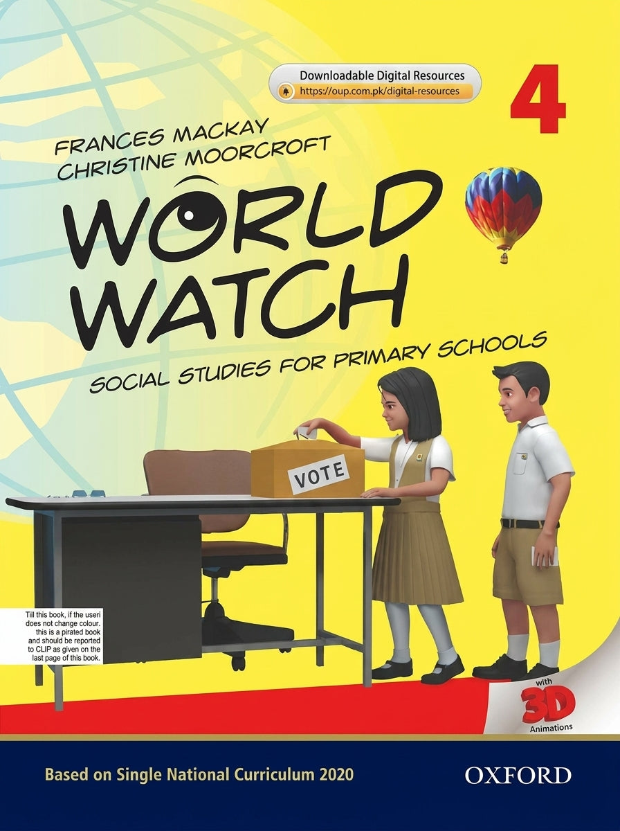 World Watch Social Studies Book 4 cover with children voting, hot air balloon, yellow background