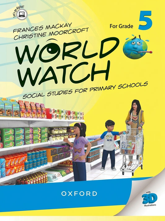 World Watch Grade 5 Social Studies textbook by Oxford with supermarket scene and illustrated characters
