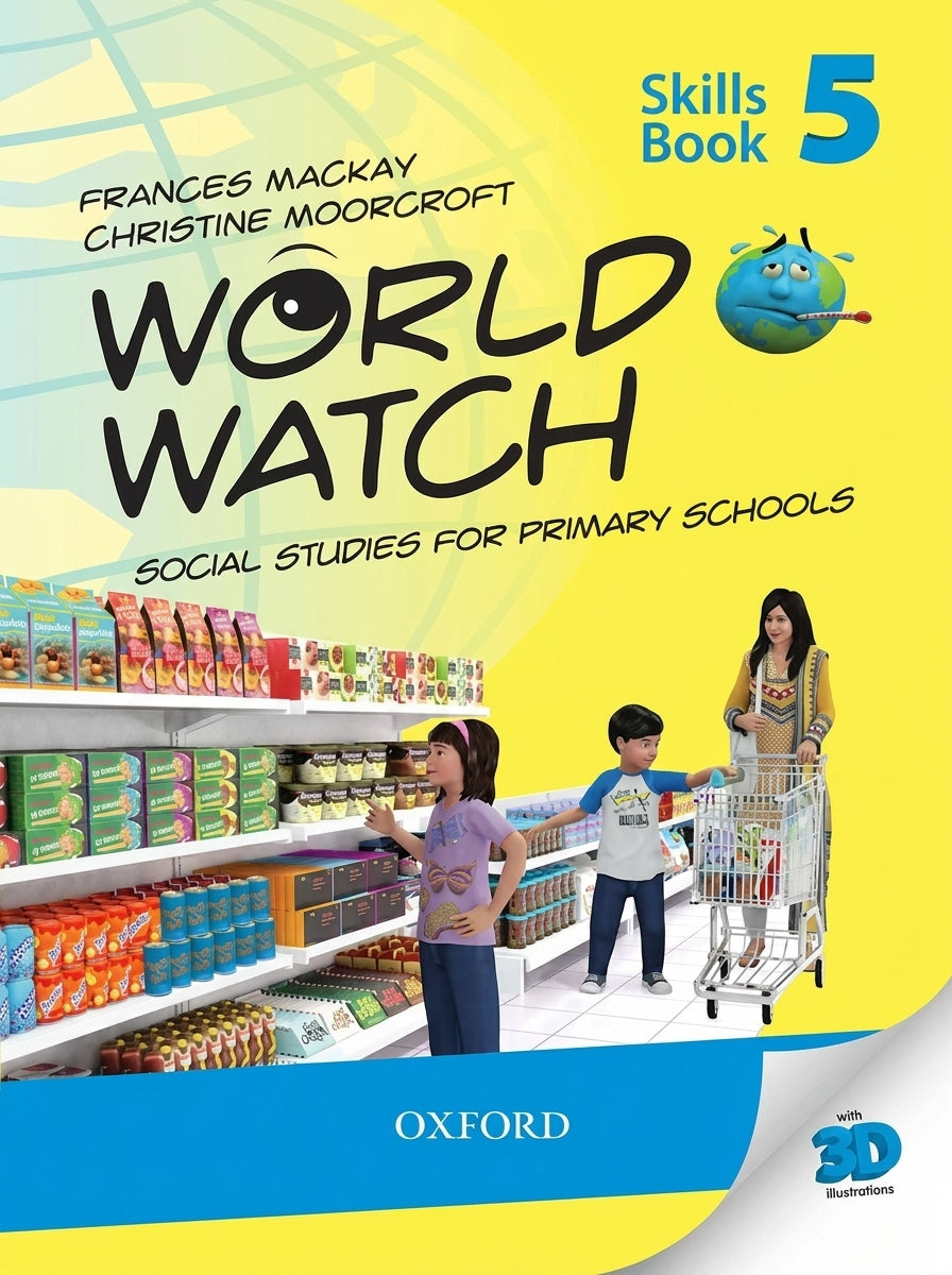 World Watch Skills Book 5 by Oxford, featuring a supermarket scene with children and a woman shopping, illustrating social studies concepts.