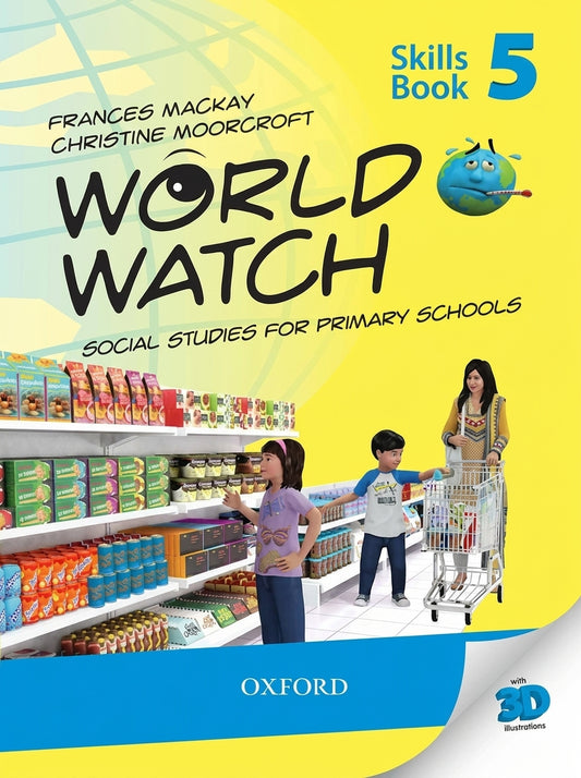 World Watch Skills Book 5 by Oxford, featuring a supermarket scene with children and a woman shopping, illustrating social studies concepts.