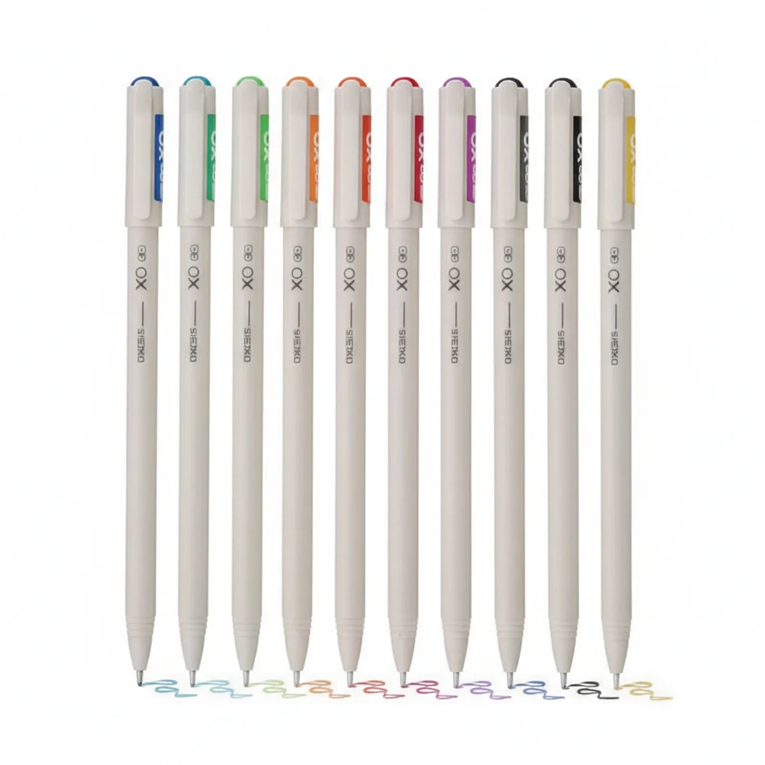 Hauser Water Color Pen Set of 12 colors displayed in a row, showing blue, teal, green, orange, red, burgundy, purple, charcoal, black, and yellow pens with matching tip marks below.