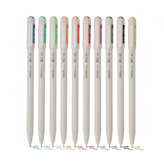 Hauser Water Color Pen Set of 12 colors displayed in a row, showing blue, teal, green, orange, red, burgundy, purple, charcoal, black, and yellow pens with matching tip marks below.