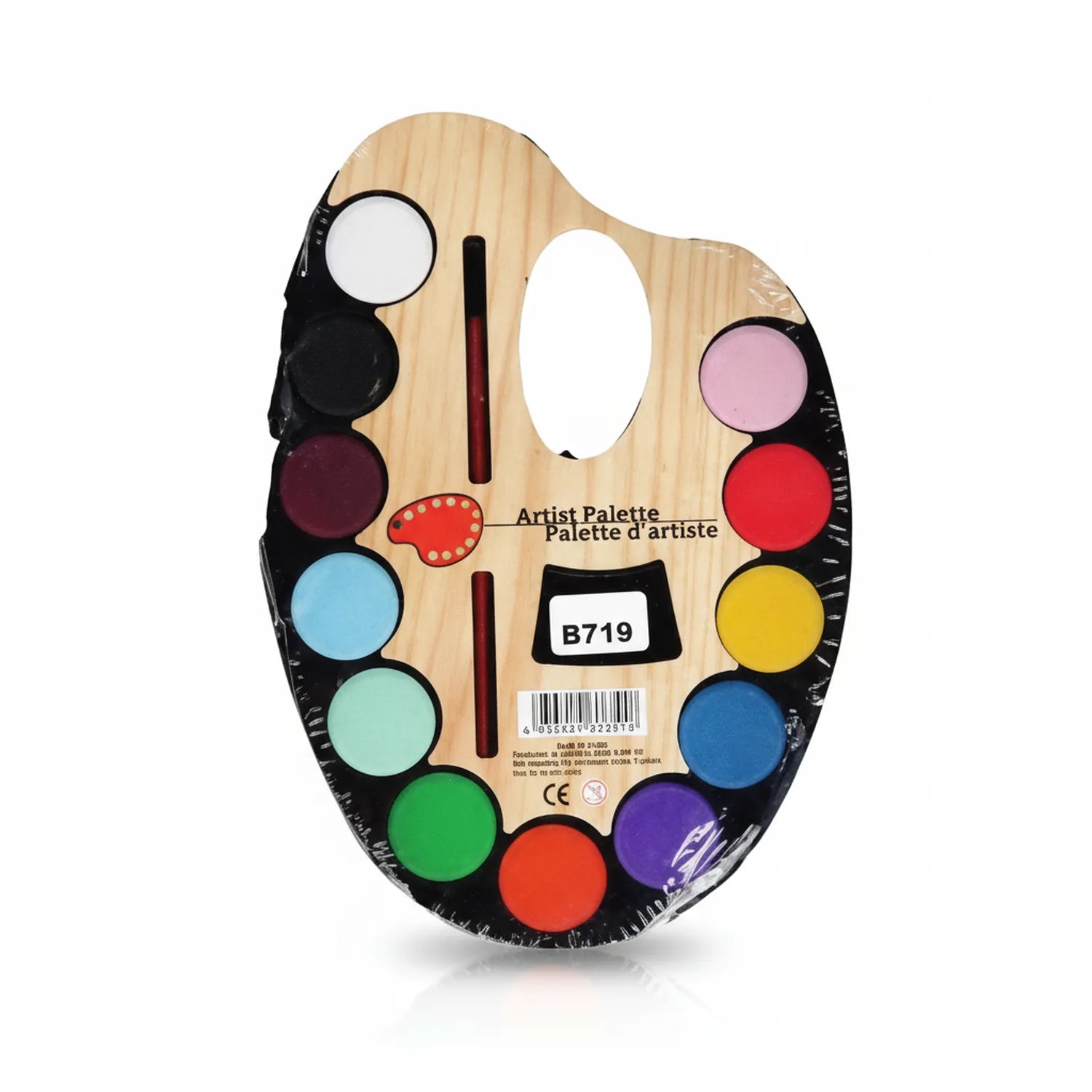 Water Color Ks 7112W artist palette with 12 vibrant watercolor pans, wooden palette, brush, and mixing areas on wooden base with black edges