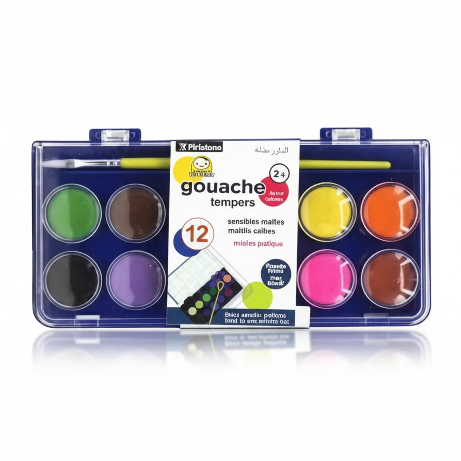 Pirιstono Gouache Tempers 12-color water-based paint set in navy plastic case with brush, featuring green, brown, black, purple, yellow, orange, pink paint wells