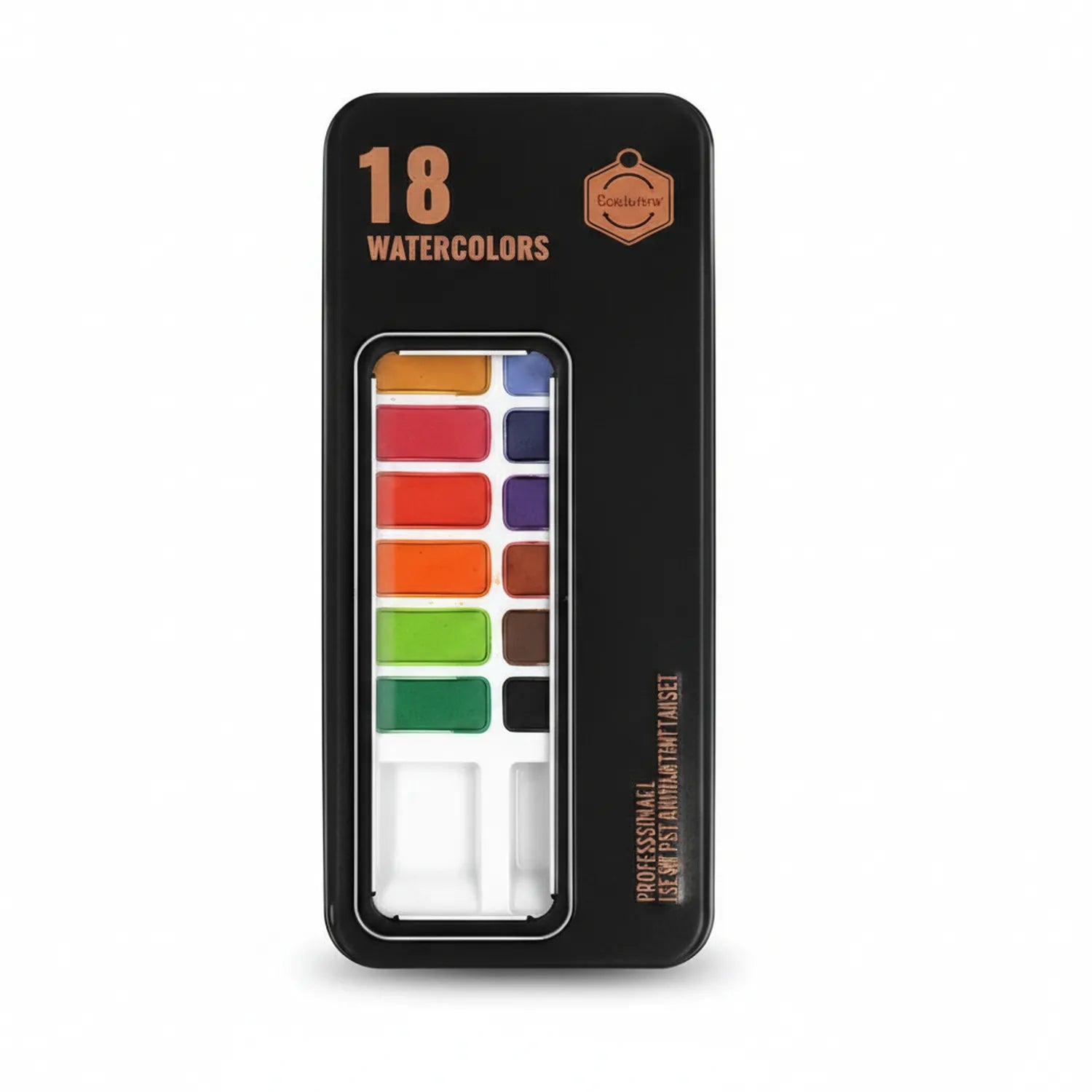 Boelstorw 18 Watercolors set in black tin with color palette visible, showing 18 vibrant watercolor pans including oranges, reds, purples, greens, browns and neutrals.