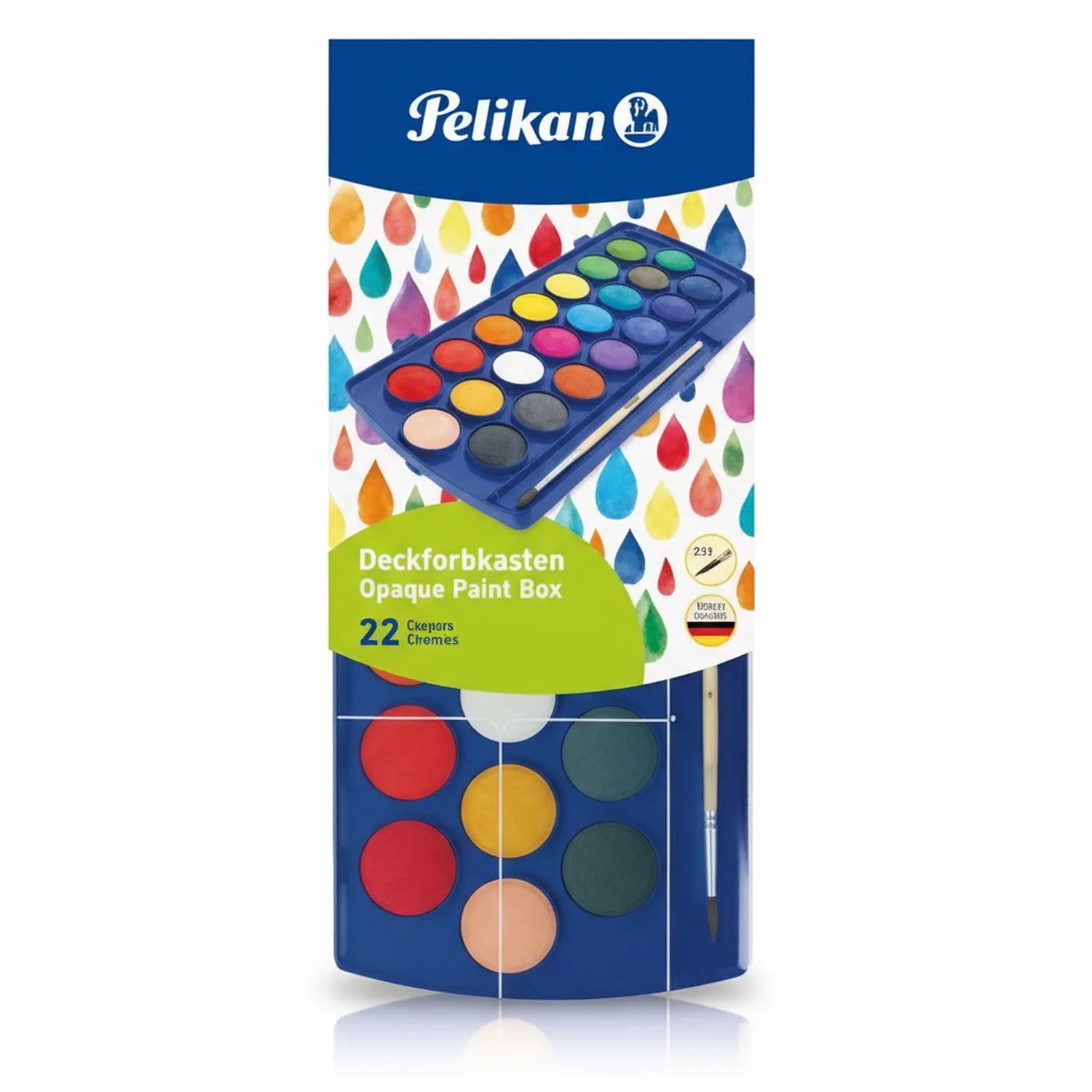 Pelikan Deckfarbkasten Opaque Paint Box with 22 color cakes displayed in open case, includes brush, shown with colorful packaging