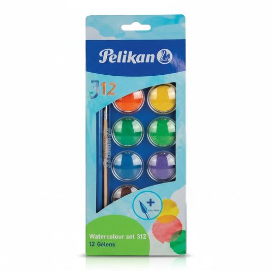 Pelikan Watercolour Set 312 packaging showing 12 watercolor paint cakes in assorted colors including orange, yellow, green, blue, purple, brown with included synthetic brush