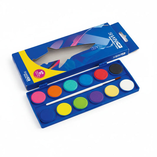 Shinée Water Color Shark Large watercolor set showing blue palette case with 15 colorful paint pans and white synthetic brush included.