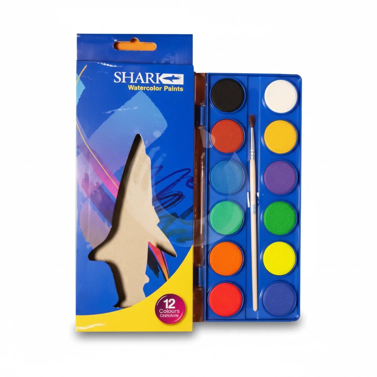 Shark Watercolor Paints 12 Color Small Set with blue palette, paintbrush, and shark-shaped packaging on white background