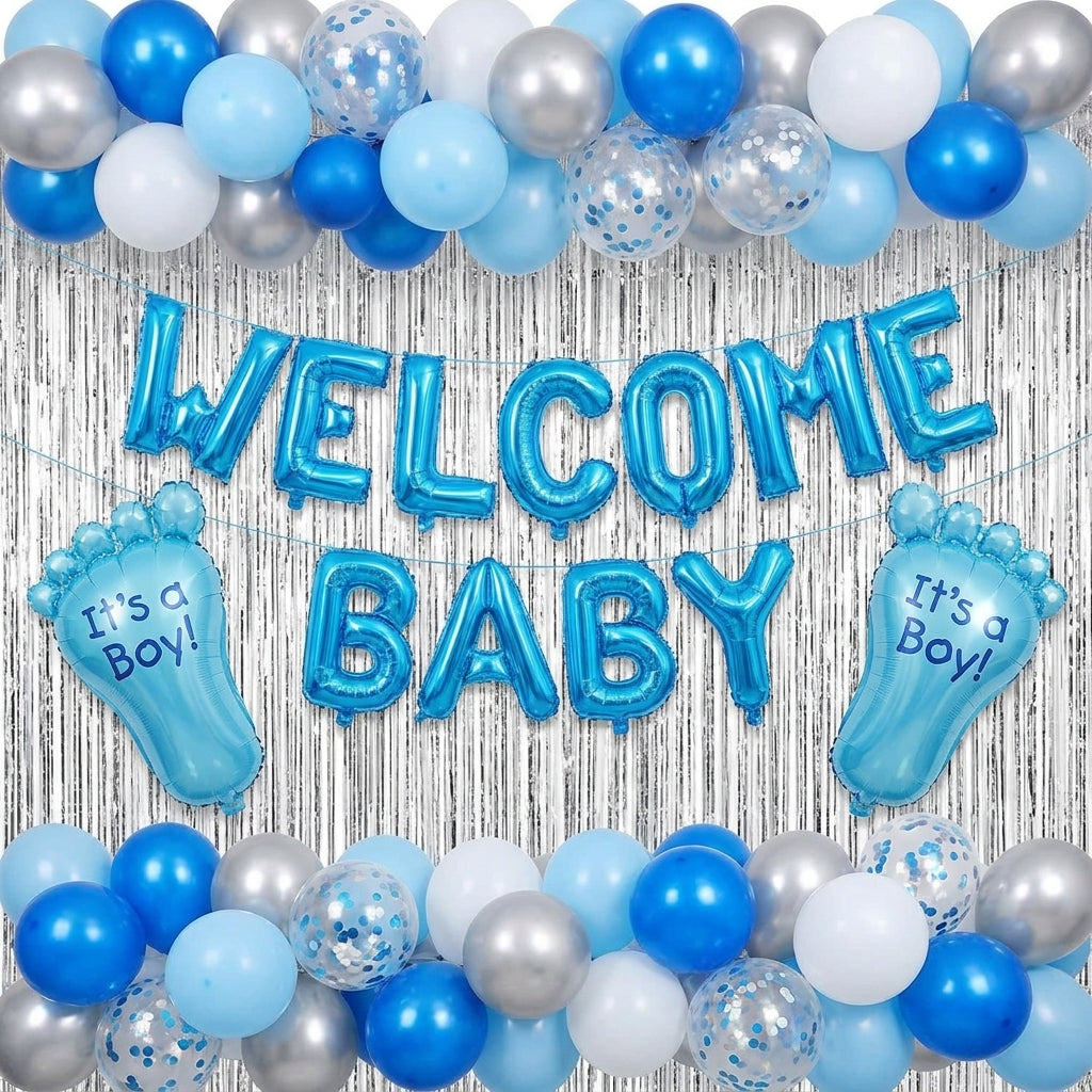 Welcome Baby Boy balloon decoration set with blue, white, silver balloons, foil letters, foot balloons, and silver fringe backdrop