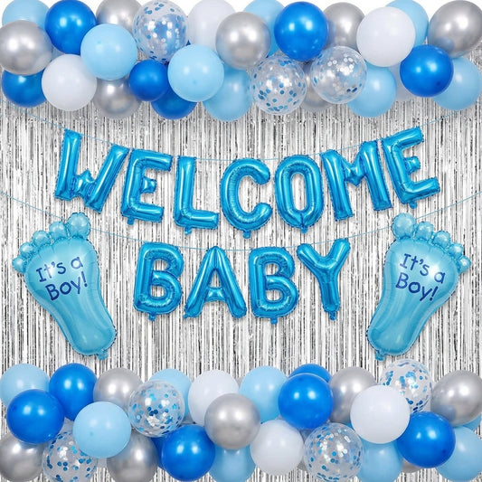 Welcome Baby Boy balloon decoration set with blue, white, silver balloons, foil letters, foot balloons, and silver fringe backdrop