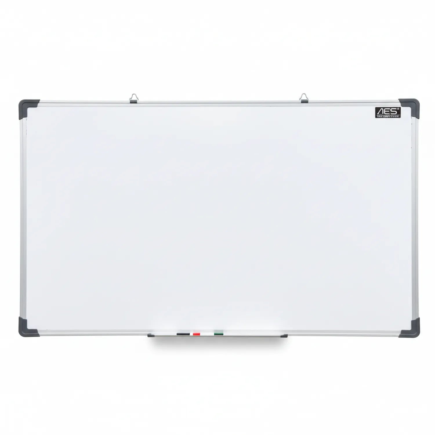 AES White Board 2x3 - white dry erase board with gray aluminum frame, black corners, and magnetic tray at bottom with colored markers