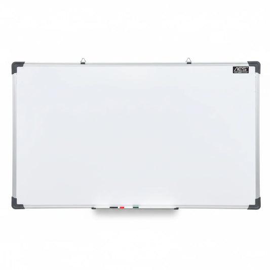AES White Board 2x3 - white dry erase board with gray aluminum frame, black corners, and magnetic tray at bottom with colored markers