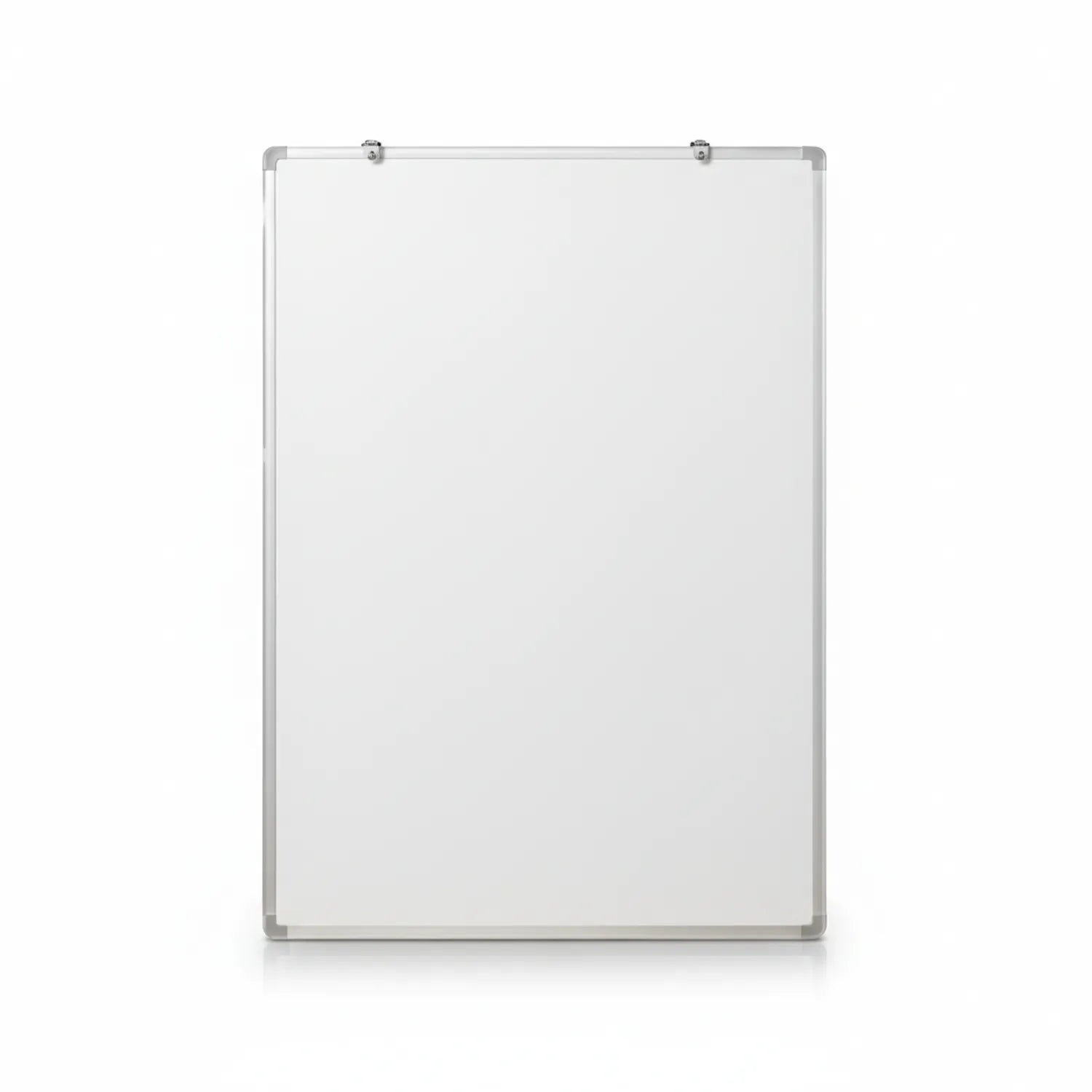 White Board A4 with aluminum frame and corner reinforcements, clean white dry-erase surface, wall-mounted hanging hardware visible at top.