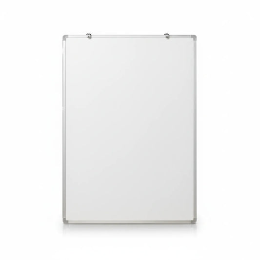 White Board A4 with aluminum frame and corner reinforcements, clean white dry-erase surface, wall-mounted hanging hardware visible at top.