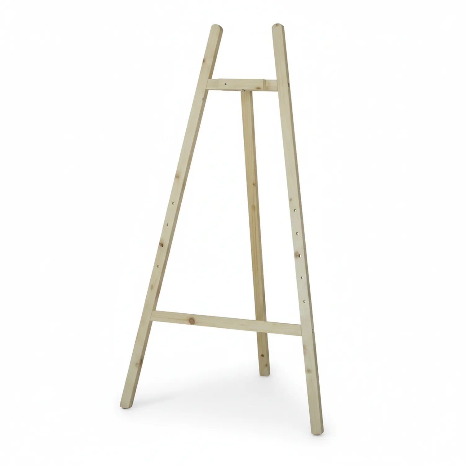 Natural wood A-frame whiteboard stand with horizontal support bars, isolated on white background