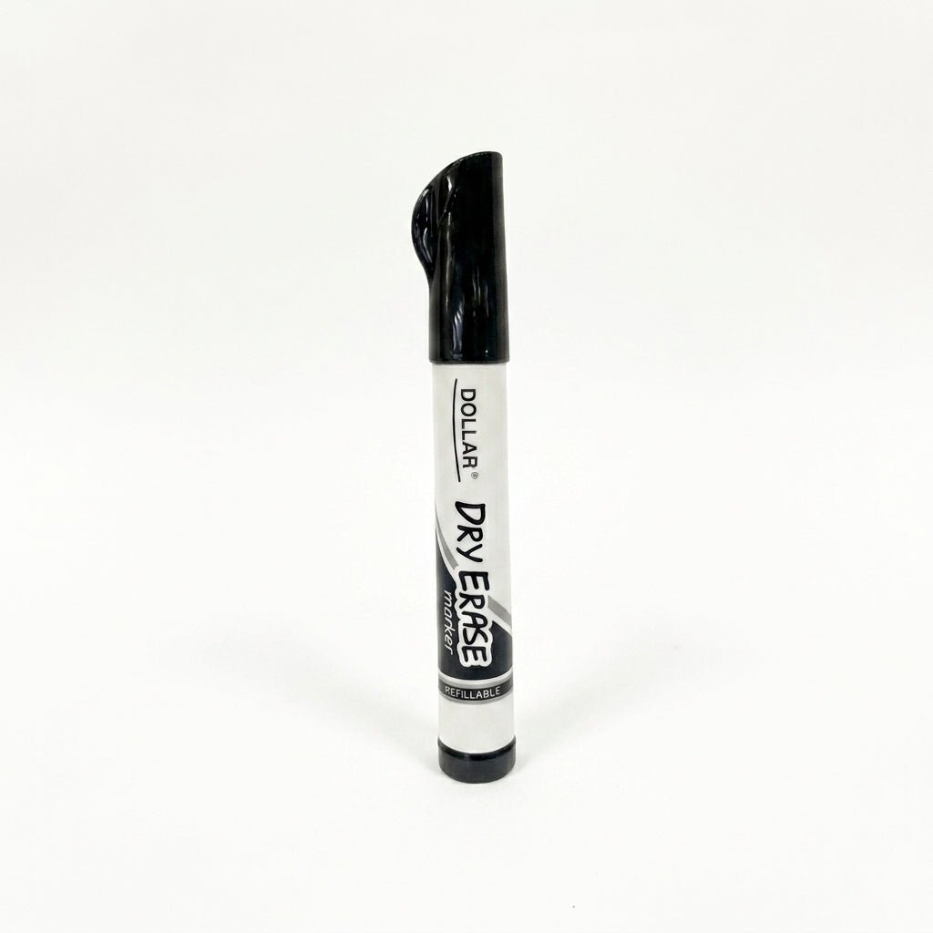 Dollar Dry Erase Whiteboard Marker in Black with refillable design, white barrel and black cap.