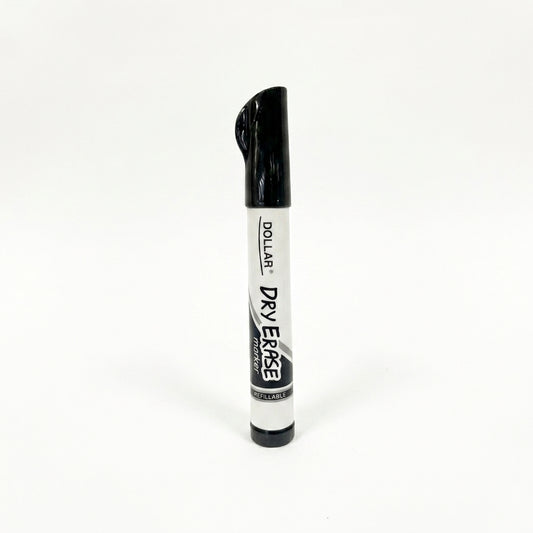 Dollar Dry Erase Whiteboard Marker in Black with refillable design, white barrel and black cap.